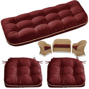1 MIDDLE ONE front view of burgundy three-piece wicker cushion set showing complete set