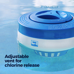 440 floater open with 3-inch chlorine tablets inside, easy refill benefit