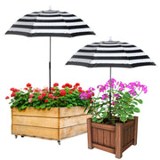 Abbylike front view of striped plant umbrella protecting pot