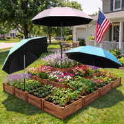 Abbylike front view of three colorful plant umbrellas showing coverage benefit