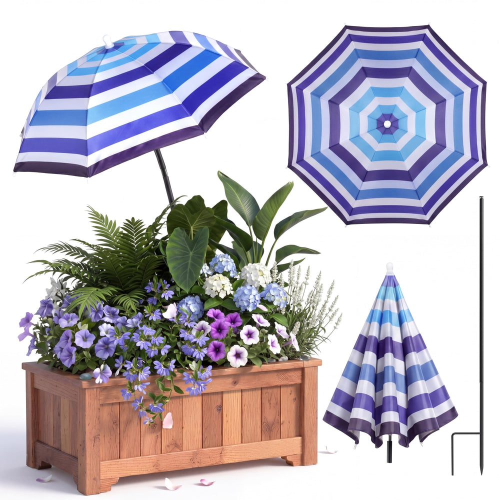 Abbylike front view of blue and white striped plant umbrella showing coverage benefit