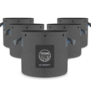 AC Infinity front view of five 10-gallon fabric pots showing pack and branding, durable benefit
