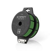 AC Infinity spool front view showing 100 m of coated twist ties and compact design benefit