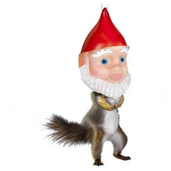 Accoutrements Archie McPhee gnome feeder on a squirrel while feeding, creating a whimsical backyard viewing experience