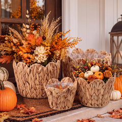Acellegic front view of four wicker baskets showing rustic appeal and organization benefit