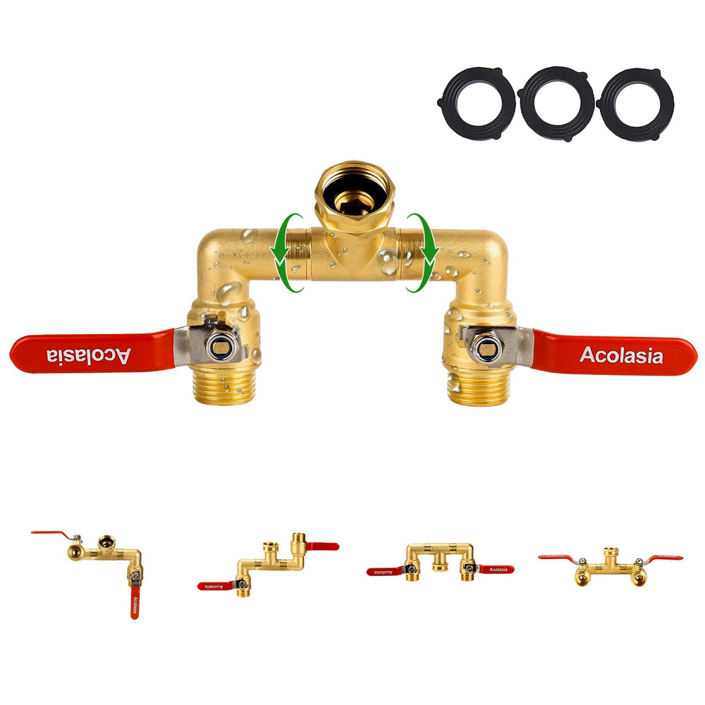 Acolasia front view brass hose splitter showing dual outlets and durability