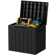Acurax deck box front view showing sleek black exterior and modern look