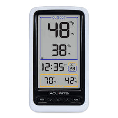 AcuRite tabletop display in a living room showing clear environmental info