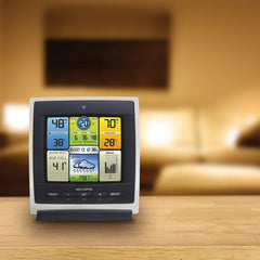 AcuRite Notos angled console view highlighting layout and adjustable dimmer