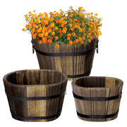 Adnee front view showing three barrel planters and rustic charm