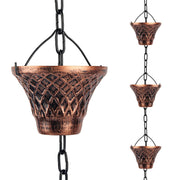 Adorafur front view of full 8.5ft rain chain showing 12 cups and pendant, enhances curb appeal