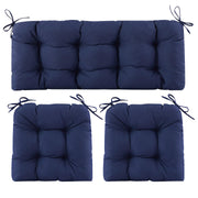 Aegisun front view of three-piece navy wicker cushion set showing coordinated look
