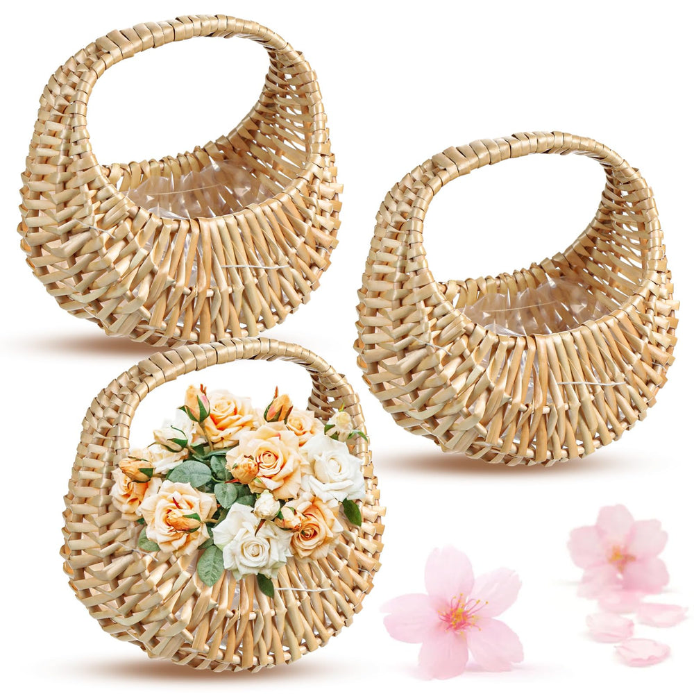 Agolctry front view of three half-moon baskets showing rustic charm and wedding-ready style