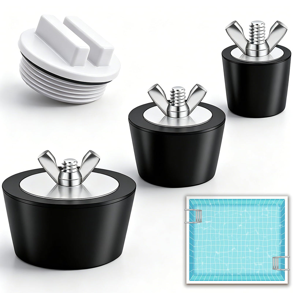 Aienxn front view of four skimmer plugs showing kit components and benefits