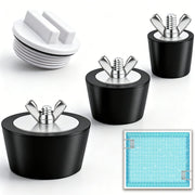 Aienxn front view of four skimmer plugs showing kit components and benefits