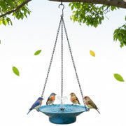 Aifeorzo front view of hanging bird bath showing complete fountain and blue finish, enhances garden decor