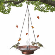 Aifeorzo front view of hanging bird bath showing bronze finish and attraction