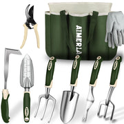 Aimerla front view of complete 9-piece set showing bag and tools for efficient gardening
