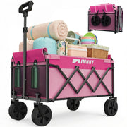 Aimnny front view of pink collapsible wagon showing structure and portability