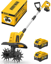 Alloyman front view showing compact cordless tiller and controls for easy use