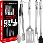 Alpha Grillers front packaging showing complete 4-piece BBQ set and benefits