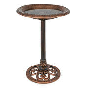 Alpine Corporation front view of entire bronze pedestal birdbath, elegant garden focal point