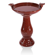 Alpine Corporation front view of antique red birdbath, decorative focal point