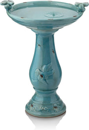 Alpine Corporation front view of turquoise birdbath showing elegant garden focal point