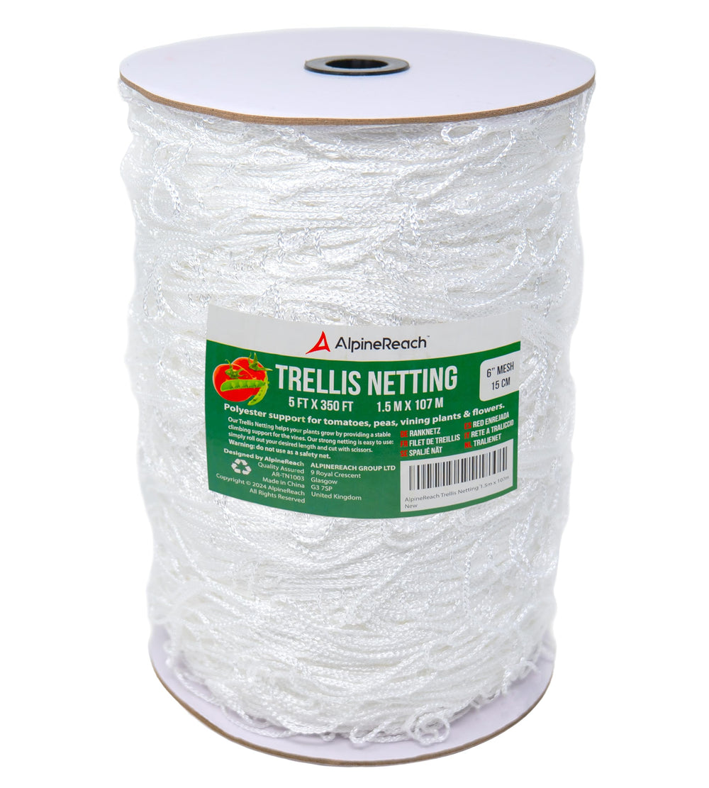 AlpineReach trellis netting roll showing full 5x350 ft size and coverage benefit