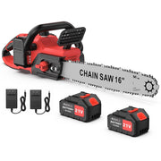 ALSO GO front view of 16-inch cordless chainsaw showing controls and bar, clear handling benefit