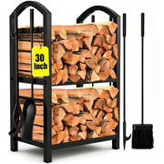 AMAGABELI firewood rack front view showing neat log storage and stylish black finish