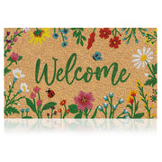 AMARU DOOR MATS front view showing floral design and welcome text, enhances curb appeal