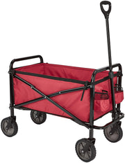 Amazon Basics front view of red wagon showing roomy cargo area and benefit of easy loading
