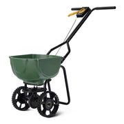 Amazon Basics spreader front view showing frame and hopper for durable performance