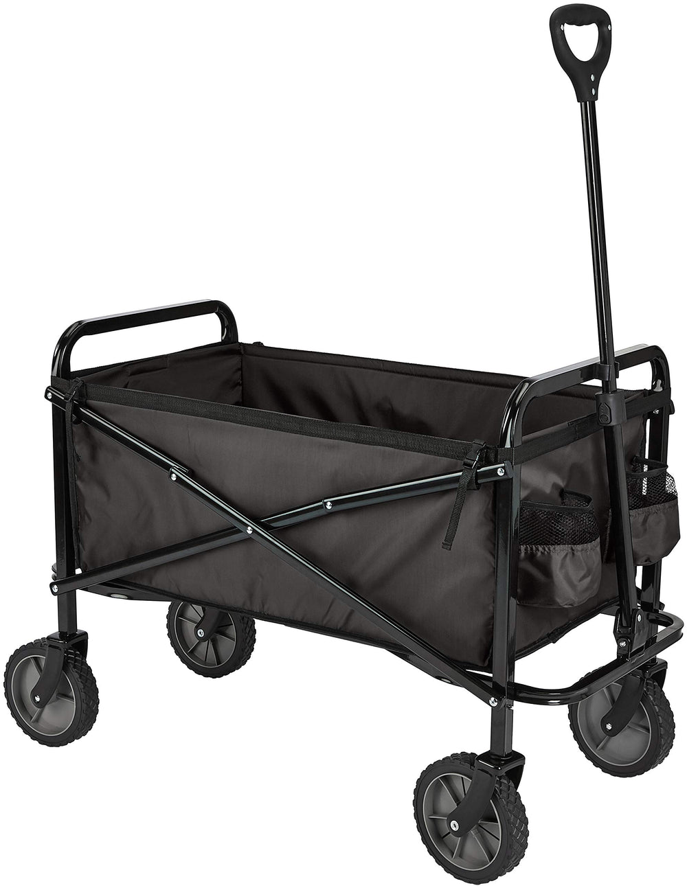 Amazon Basics utility wagon front view showing spacious cargo area and black finish for versatile hauling