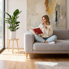 Amdermi stands styled in a living room adding vertical plant display and warmth