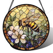 AMDERVEN front view of suncatcher showing vibrant colors and vintage bee — adds charm