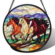AMDERVEN front view of 3-horse stained glass suncatcher creating bright focal color