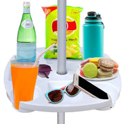 AMMSUN front view of white umbrella tray showing cup holders and snack trays for handy placement