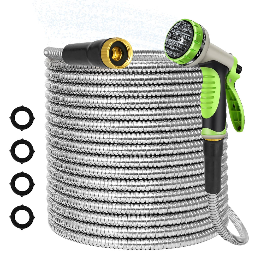 AMOOX full 50ft coiled hose showing durable metal jacket and easy storage benefit