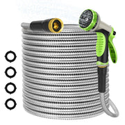 AMOOX full 50ft coiled hose showing durable metal jacket and easy storage benefit