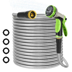 AMOOX full 50ft coiled hose showing durable metal jacket and easy storage benefit