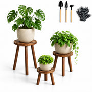 AMVAQKER front packaging showing three wood plant stands and included tools enhancing setup