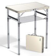 Anbte front view of folding table open showing compact footprint and stability