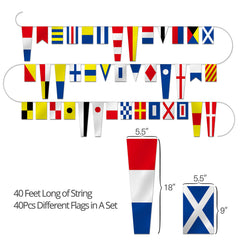 Anley flags strung on a boat rail adding clear nautical identity and color
