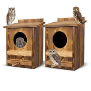 AnNowshua Ling front view of owl house showing entry hole and cedar finish benefits sheltering wildlife