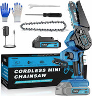 Aokia mini chainsaw front view showing compact cordless design and quick start benefit