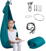 Aokitec front view of sensory swing showing roomy hammock and cozy cocoon benefit