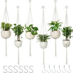 AOMGD front view of six ivory macrame hangers, ready-to-hang benefit