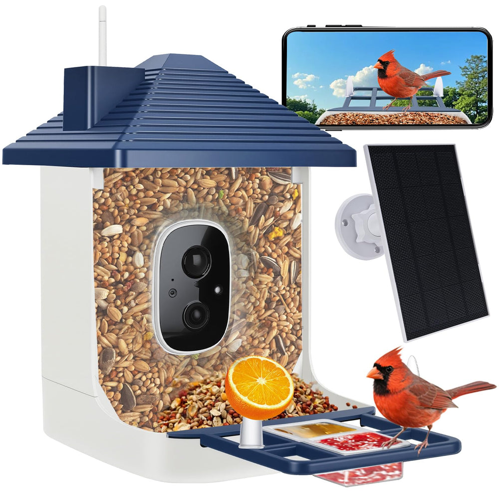 Aprilmin front view of bird feeder showing camera and design for clear observation